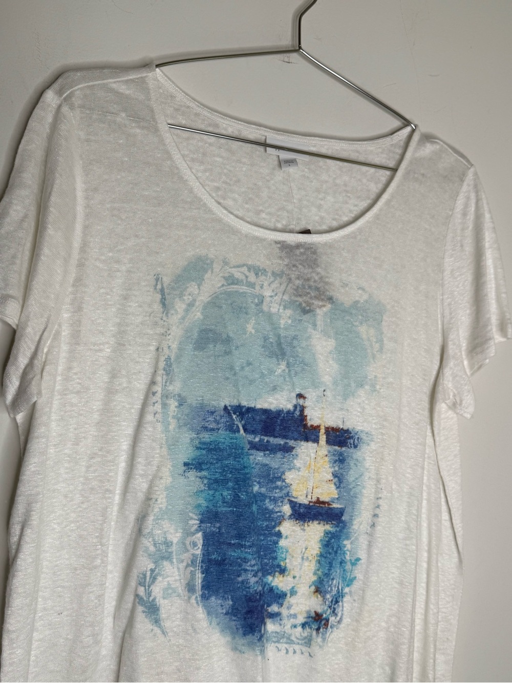 J Jill Love Linen Size Large Short Sleeve Sailboat Graphic T Shirt Top New NWT - Picture 5 of 6